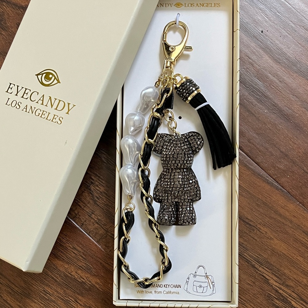 NWT - Eye Candy Black, Gold, Pearl Bear Keychain/Bag Charm